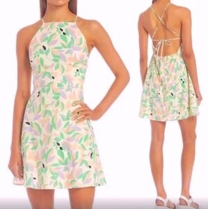 New! GB High Neck Open Lace-Up Back Mini Floral Linen Dress